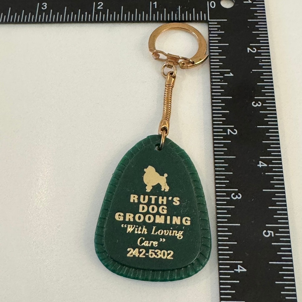 Vintage Ruths Dog Grooming Keychain Poodle "With Loving Care" Phone Number